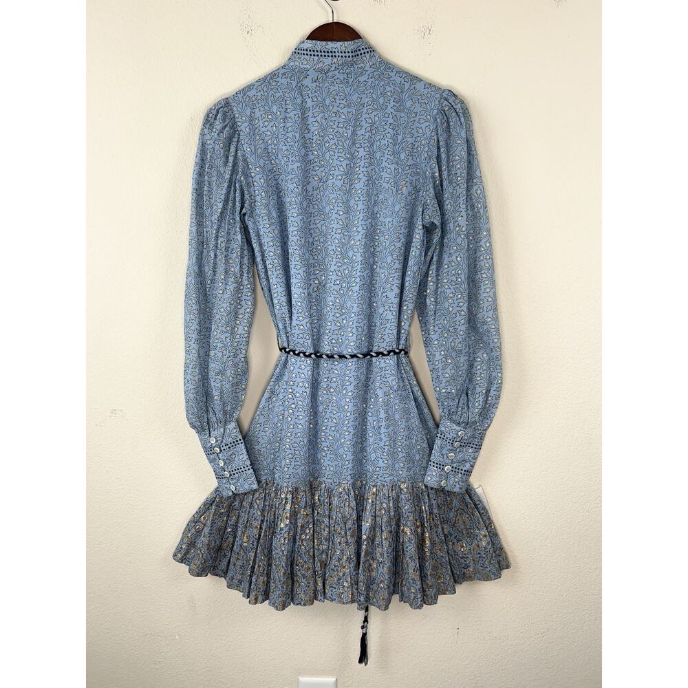 Oliphant Boho Romantic Fit & Flare XS Blue Floral Gold Print Belted Dress - Picture 4 of 9